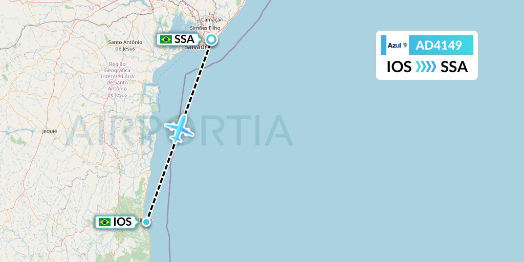 AD4149 Azul Brazilian Airlines Flight Map: Ilheus to Salvador