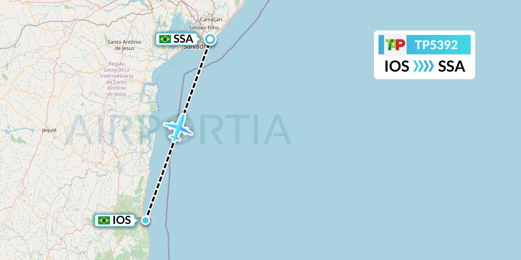 TP5392 TAP Portugal Flight Map: Ilheus to Salvador