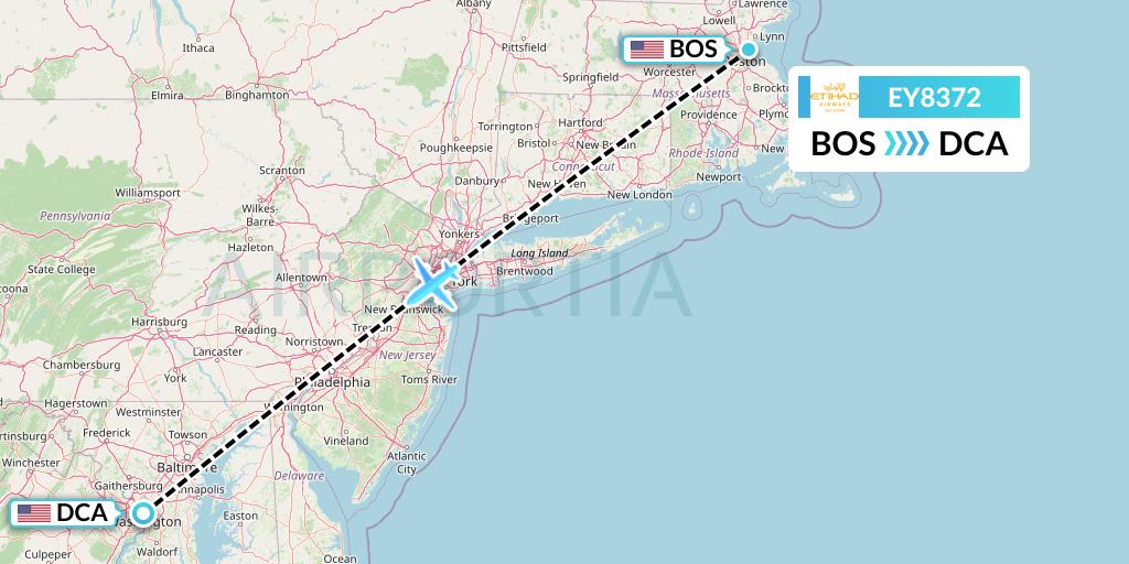 EY8372 Etihad Airways Flight Map: Boston to Washington