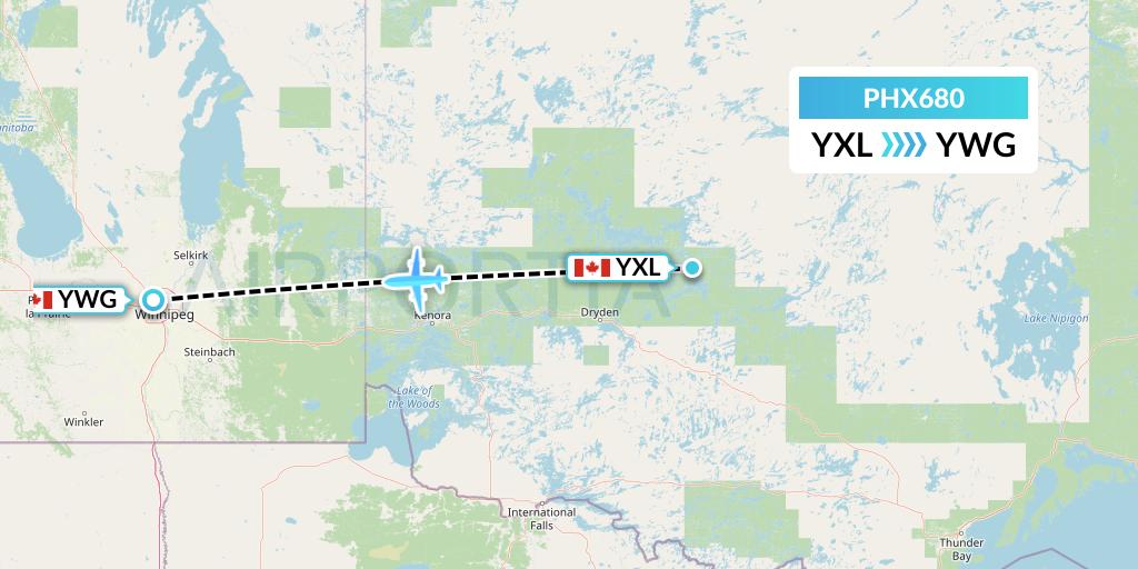 PHX680 SkyCare Flight Map: Sioux Lookout to Winnipeg