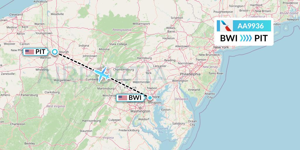 AA9936 American Airlines Flight Map: Baltimore to Pittsburgh
