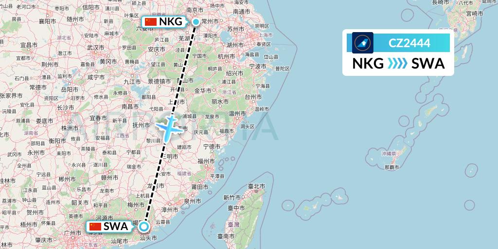 CZ2444 China Southern Airlines Flight Map: Nanjing to Jieyang