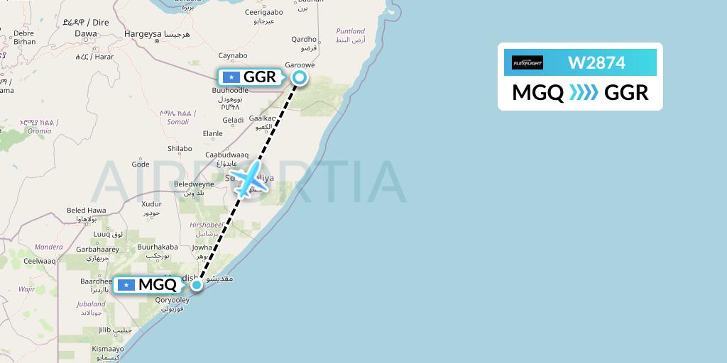 W2874 Flex Flight Flight Map: Mogadishu to Garoe