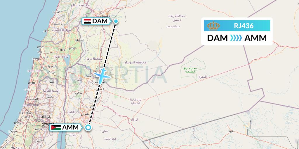 RJ436 Royal Jordanian Flight Map: Damascus to Amman