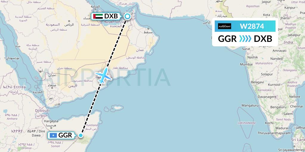 W2874 Flex Flight Flight Map: Garoe to Dubai