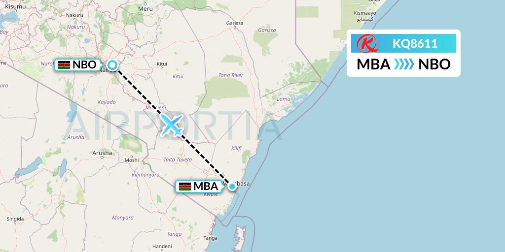 KQ8611 Kenya Airways Flight Map: Mombasa to Nairobi