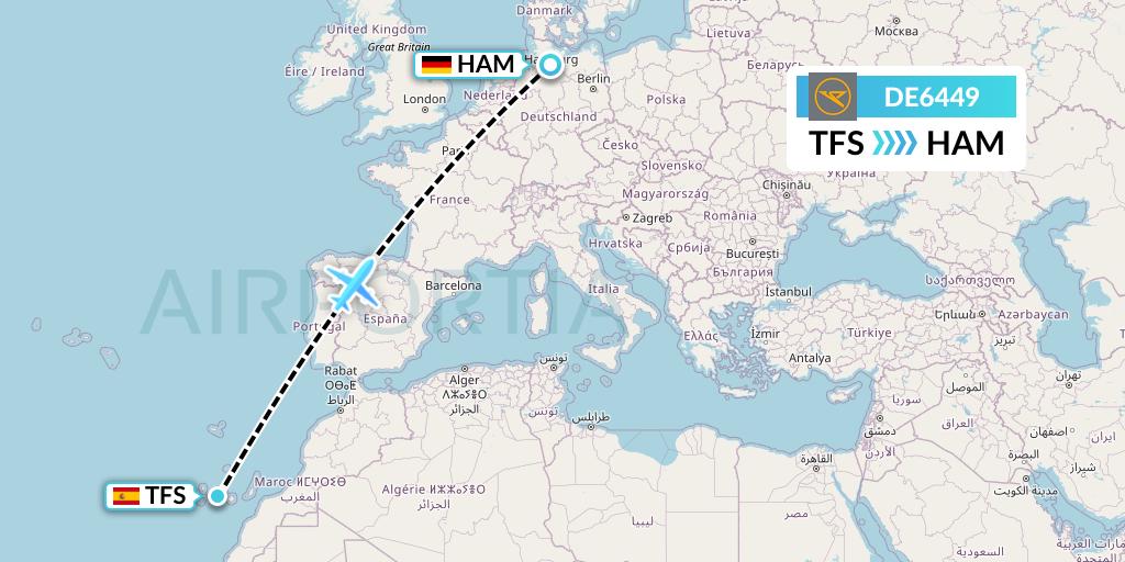 DE6449 Condor Flight Map: Tenerife to Hamburg