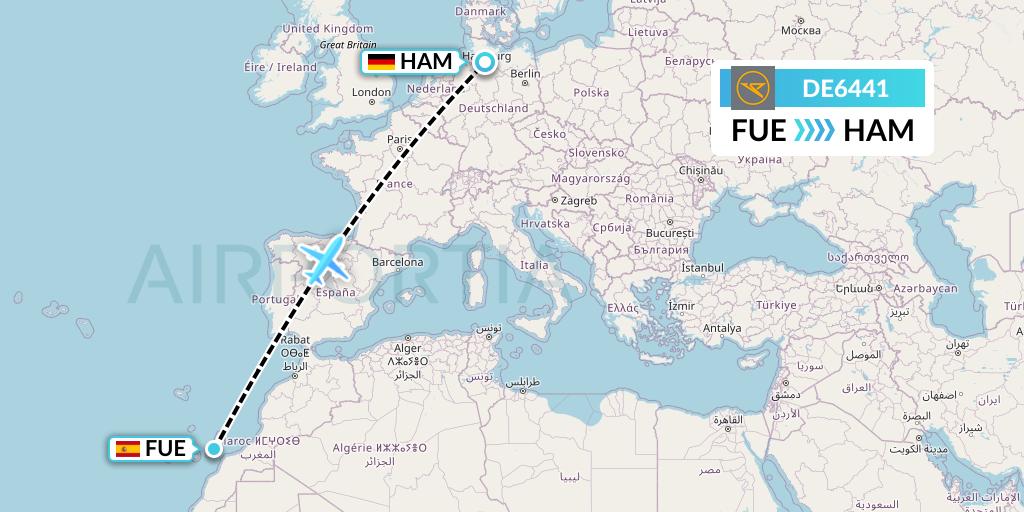 DE6441 Condor Flight Map: Fuerteventura to Hamburg