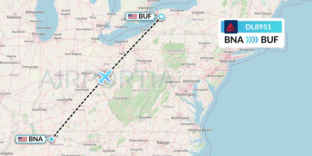 DL8951 Delta Air Lines Flight Map: Nashville to Buffalo