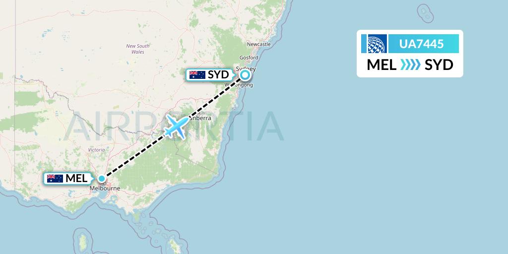 UA7445 United Airlines Flight Map: Melbourne to Sydney