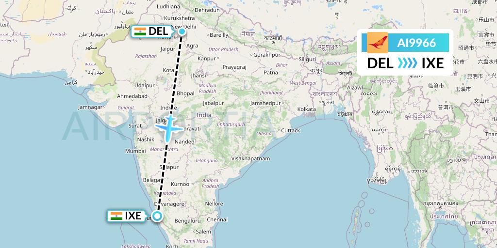 AI9966 Air India Flight Map: Delhi to Mangalore
