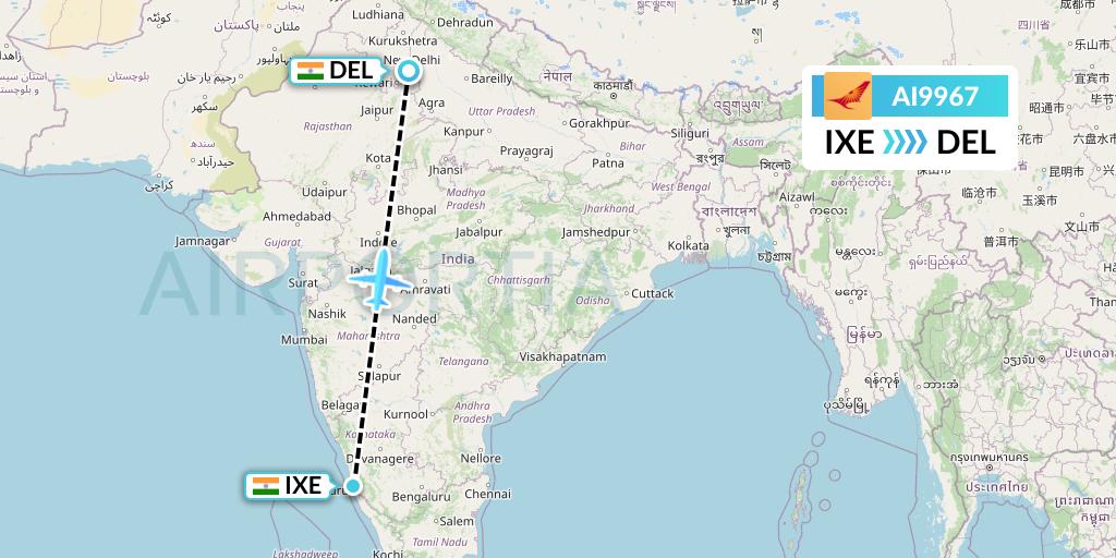 AI9967 Air India Flight Map: Mangalore to Delhi