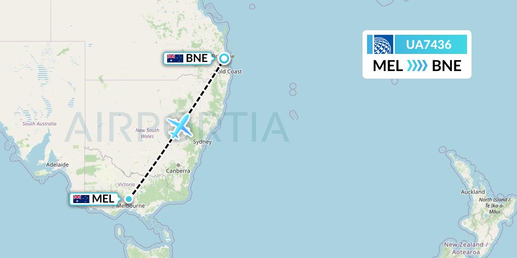 UA7436 United Airlines Flight Map: Melbourne to Brisbane