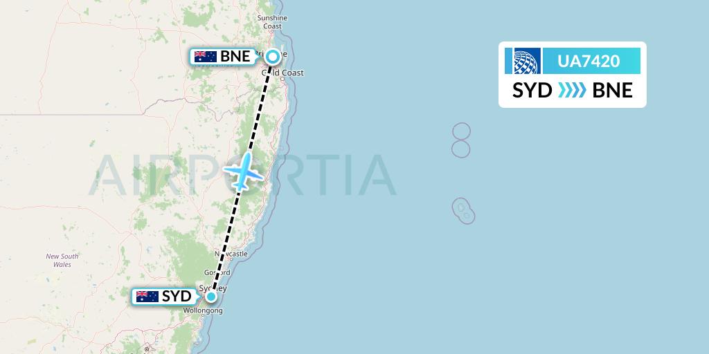 UA7420 United Airlines Flight Map: Sydney to Brisbane