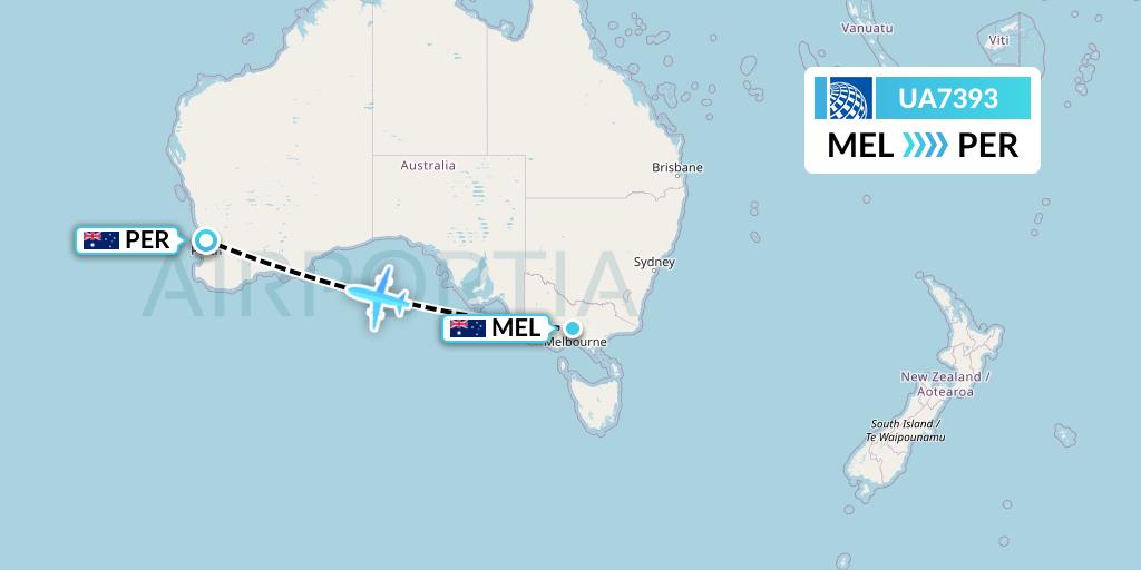 UA7393 United Airlines Flight Map: Melbourne to Perth