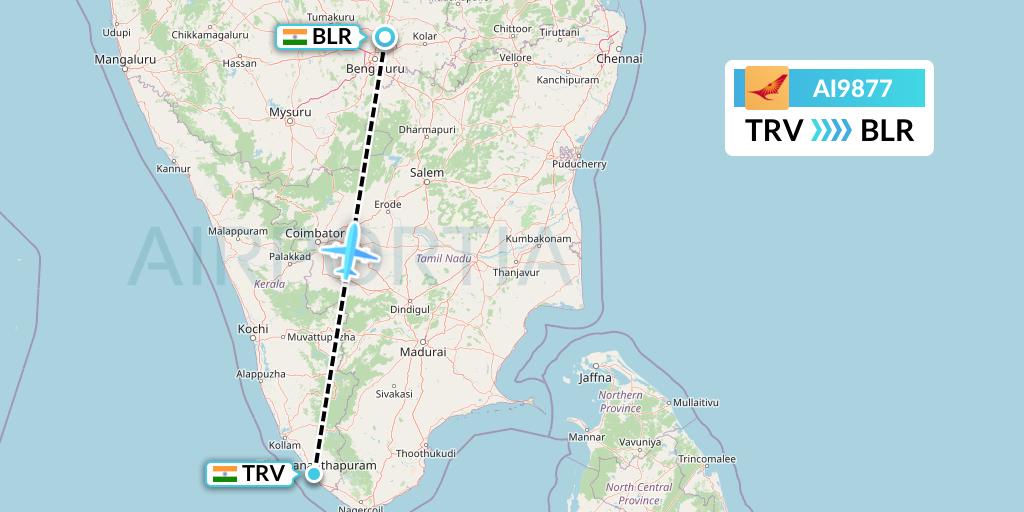 AI9877 Air India Flight Map: Thiruvananthapuram to Bangalore