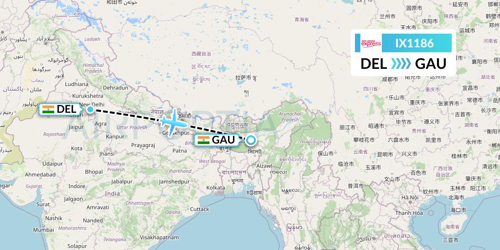 IX1186 Air India Express Flight Map: Delhi to Guwahati