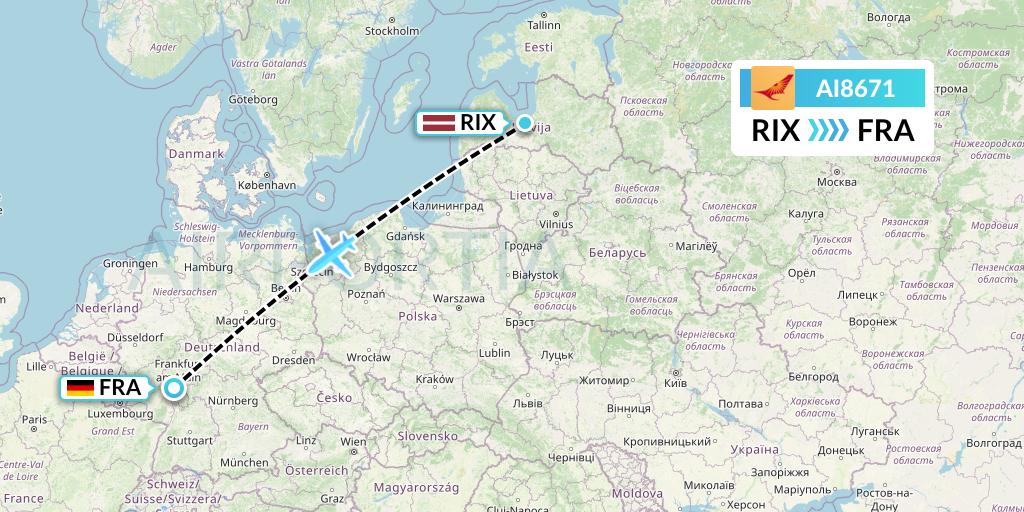 AI8671 Air India Flight Map: Riga to Frankfurt