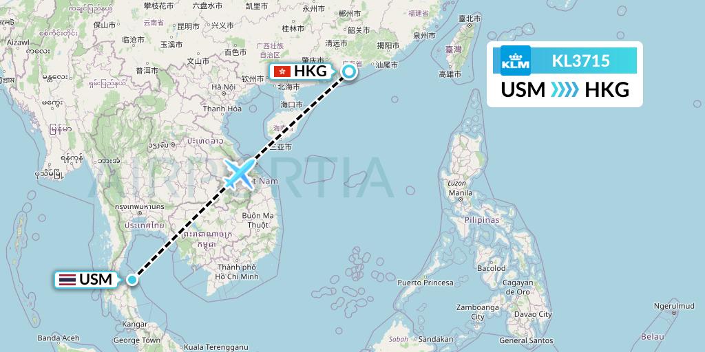 KL3715 KLM Flight Map: Koh Samui to Hong Kong