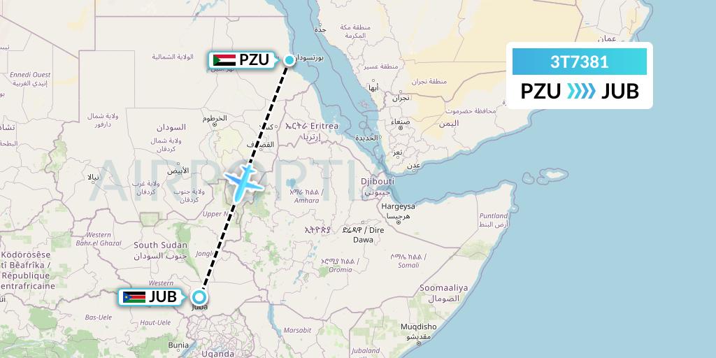 3T7381 Tarco Airlines Flight Map: Port Sudan to Juba