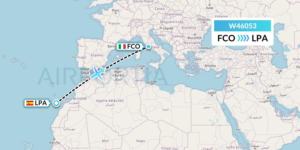 W46053 Wizz Air Malta Flight Map: Rome to Las Palmas