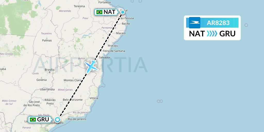 AR8283 Aerolineas Argentinas Flight Map: Natal to Sao Paulo