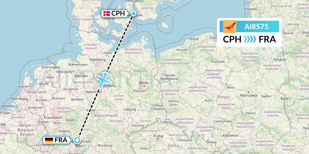 AI8575 Air India Flight Map: Copenhagen to Frankfurt
