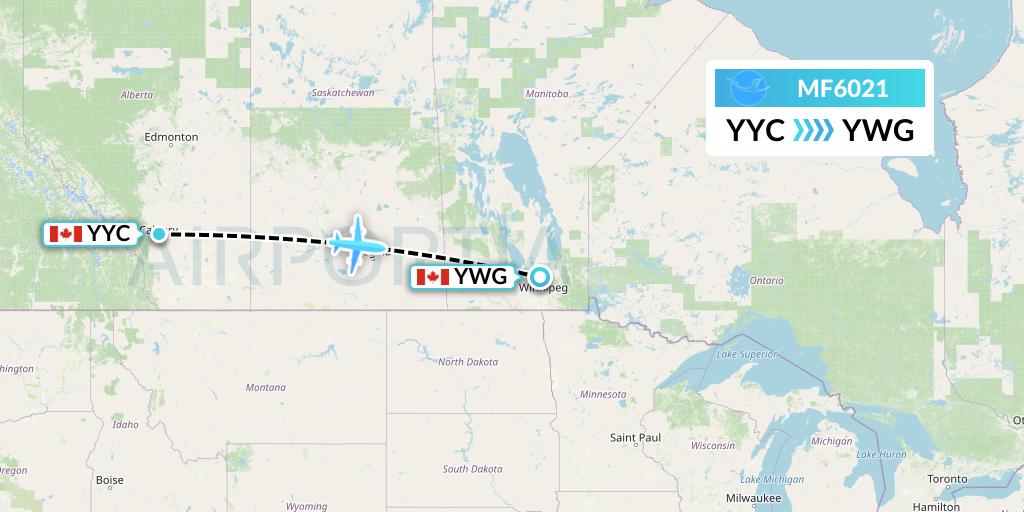 MF6021 Xiamen Airlines Flight Map: Calgary to Winnipeg