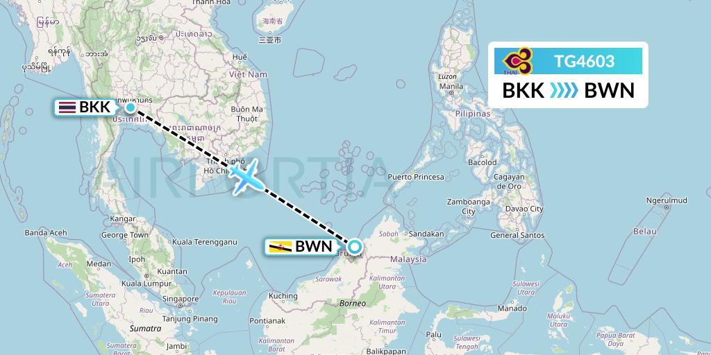 TG4603 Thai Airways Flight Map: Bangkok to Brunei