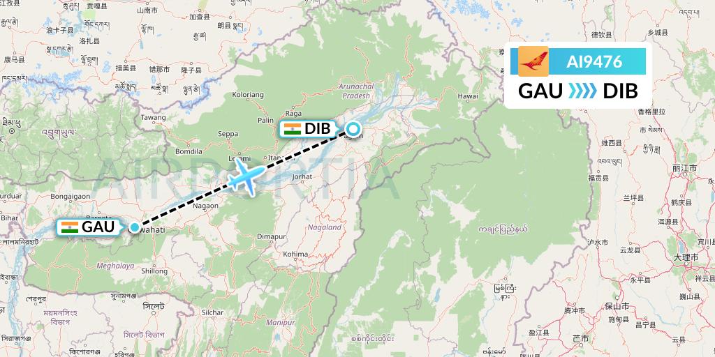 AI9476 Air India Flight Map: Guwahati to Dibrugarh