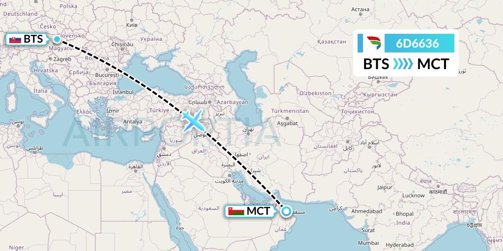 6D6636 Travel Service Slovakia Flight Map: Bratislava to Muscat