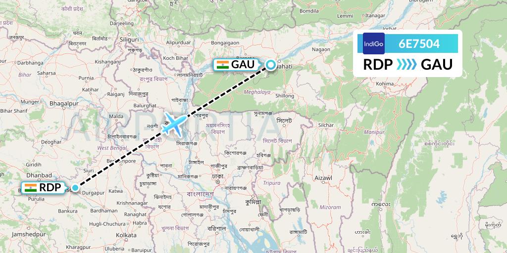 6E7504 IndiGo Airlines Flight Map: Andal to Guwahati