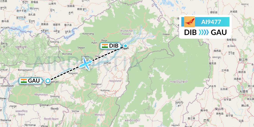 AI9477 Air India Flight Map: Dibrugarh to Guwahati