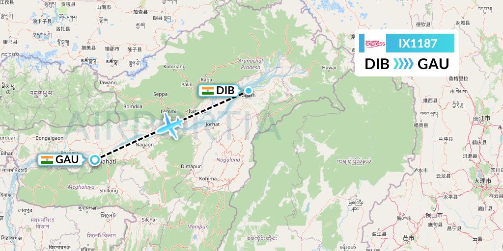IX1187 Air India Express Flight Map: Dibrugarh to Guwahati