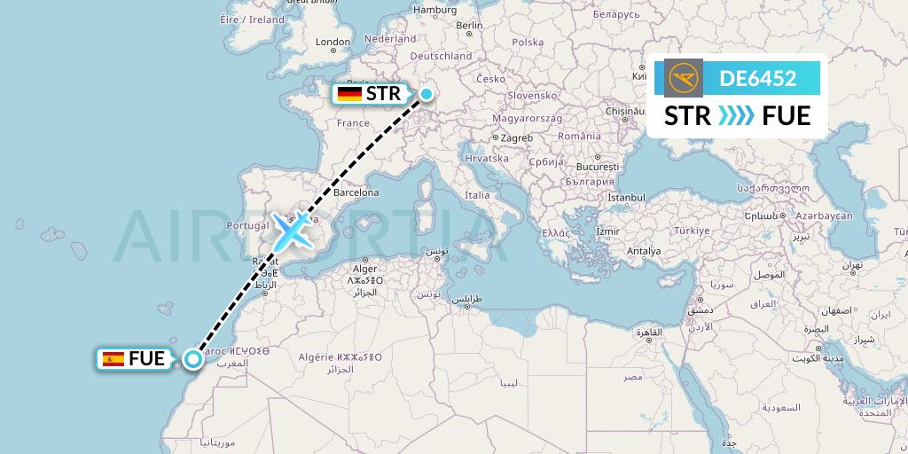 DE6452 Condor Flight Map: Stuttgart to Fuerteventura