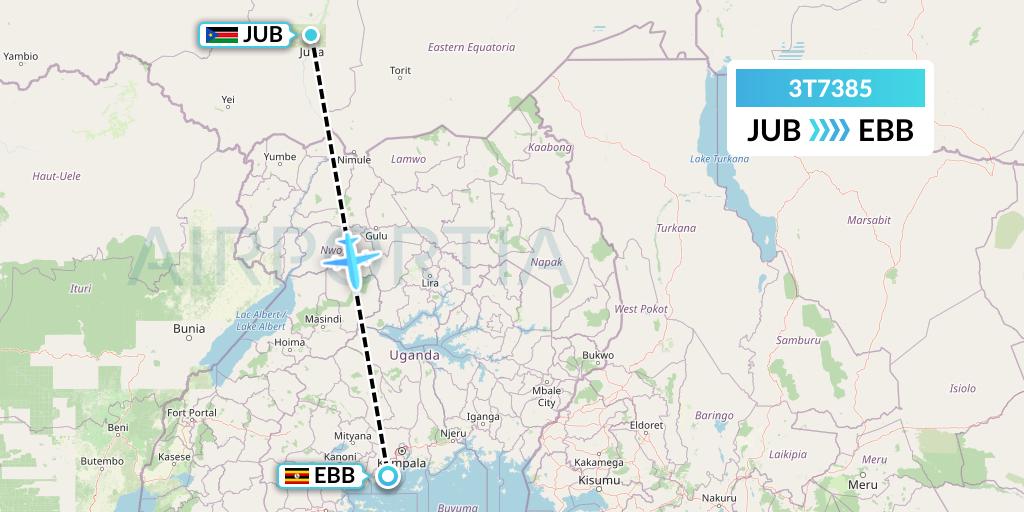 3T7385 Tarco Airlines Flight Map: Juba to Entebbe
