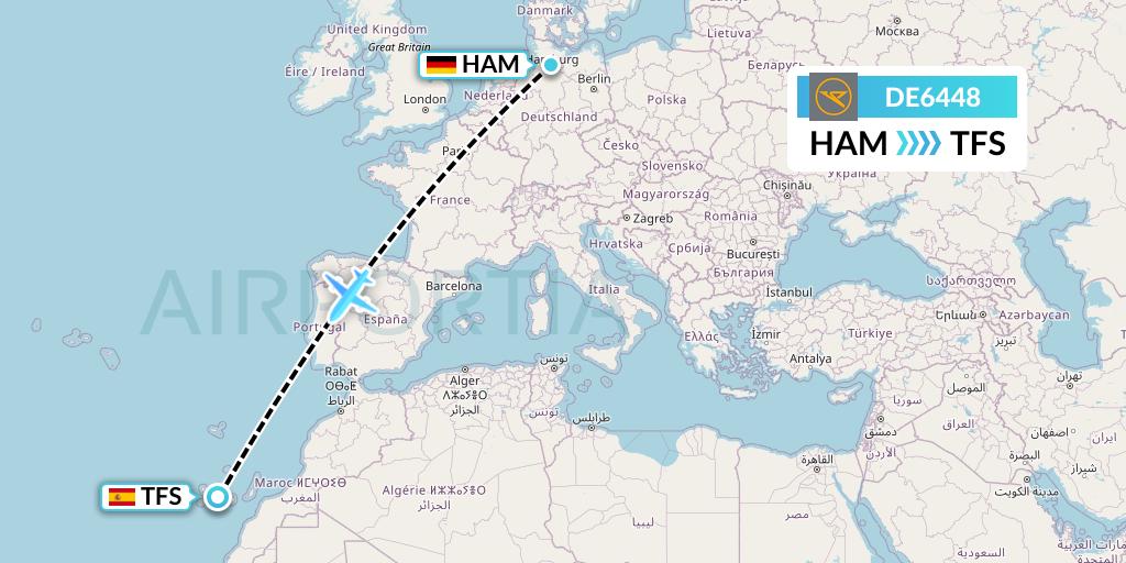 DE6448 Condor Flight Map: Hamburg to Tenerife