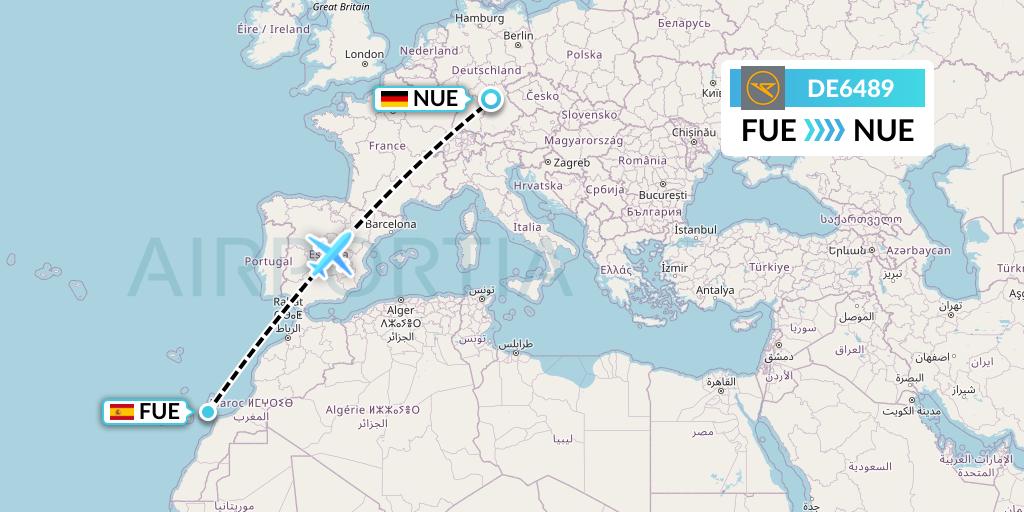 DE6489 Condor Flight Map: Fuerteventura to Nurnberg