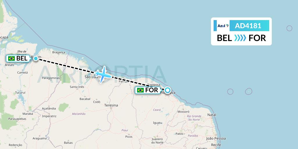 AD4181 Azul Brazilian Airlines Flight Map: Belem to Fortaleza