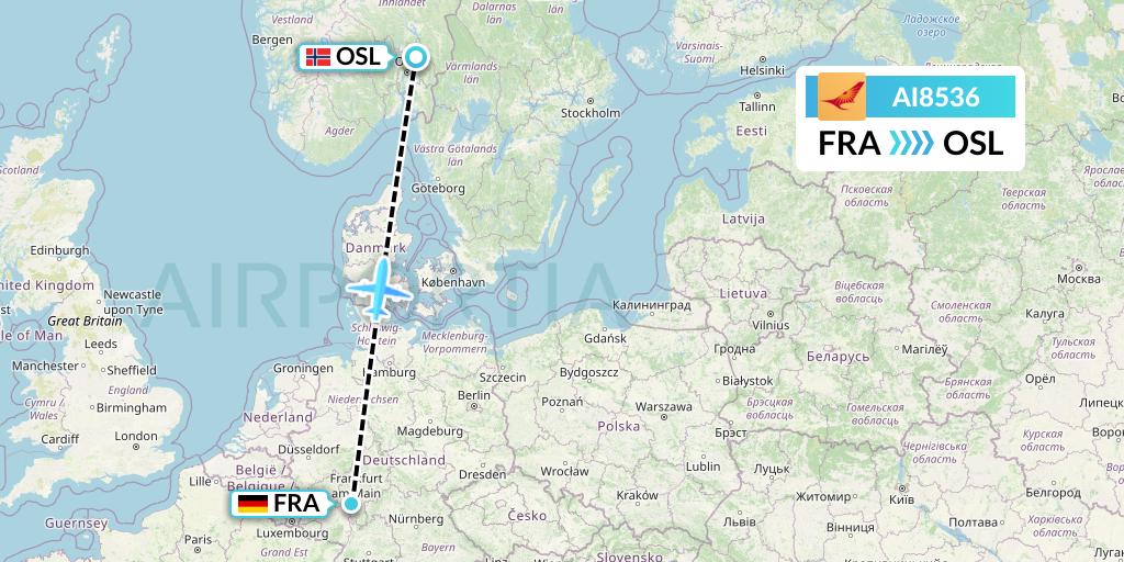 AI8536 Air India Flight Map: Frankfurt to Oslo