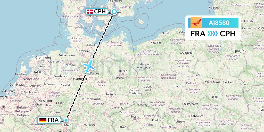 AI8580 Air India Flight Map: Frankfurt to Copenhagen