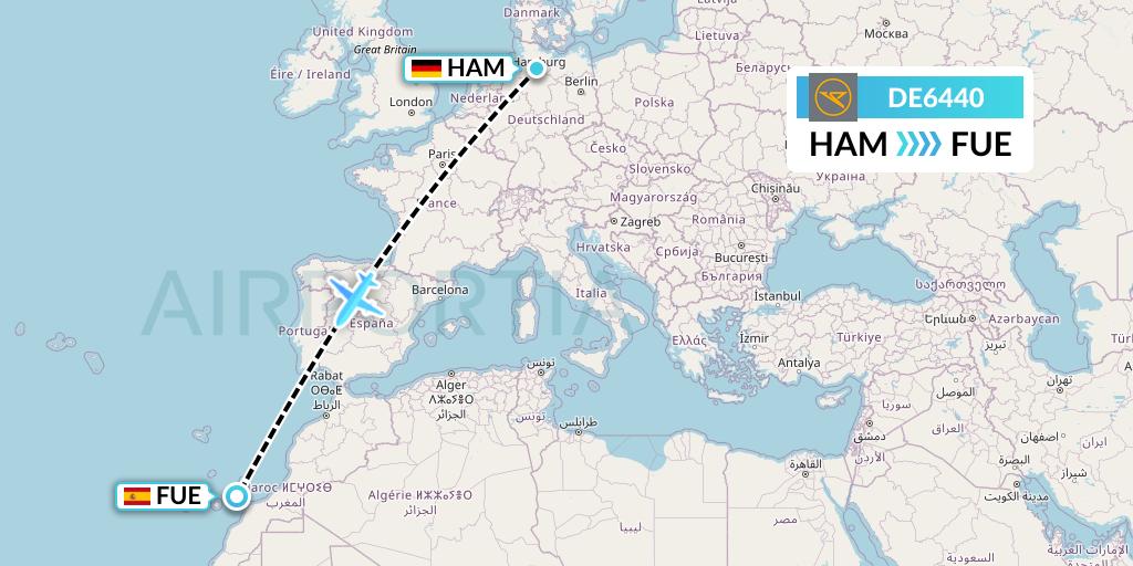 DE6440 Condor Flight Map: Hamburg to Fuerteventura