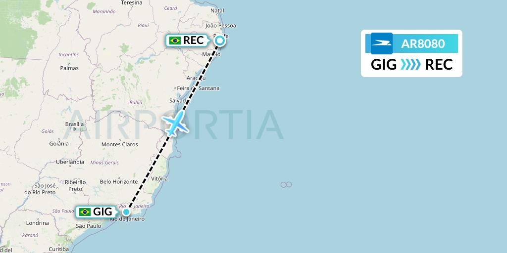 AR8080 Aerolineas Argentinas Flight Map: Rio de Janeiro to Recife