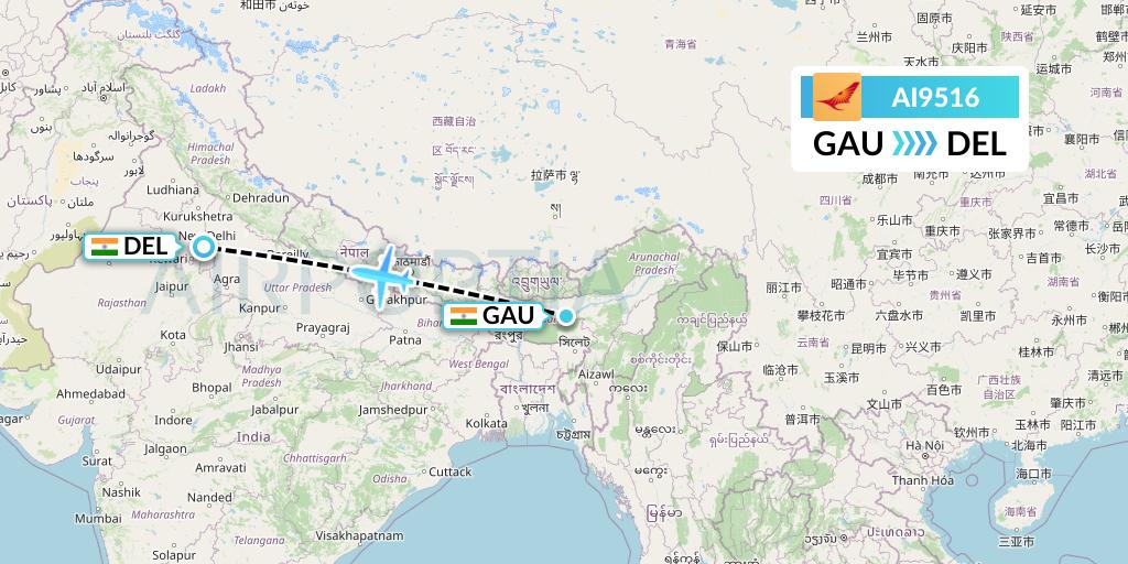 AI9516 Air India Flight Map: Guwahati to Delhi