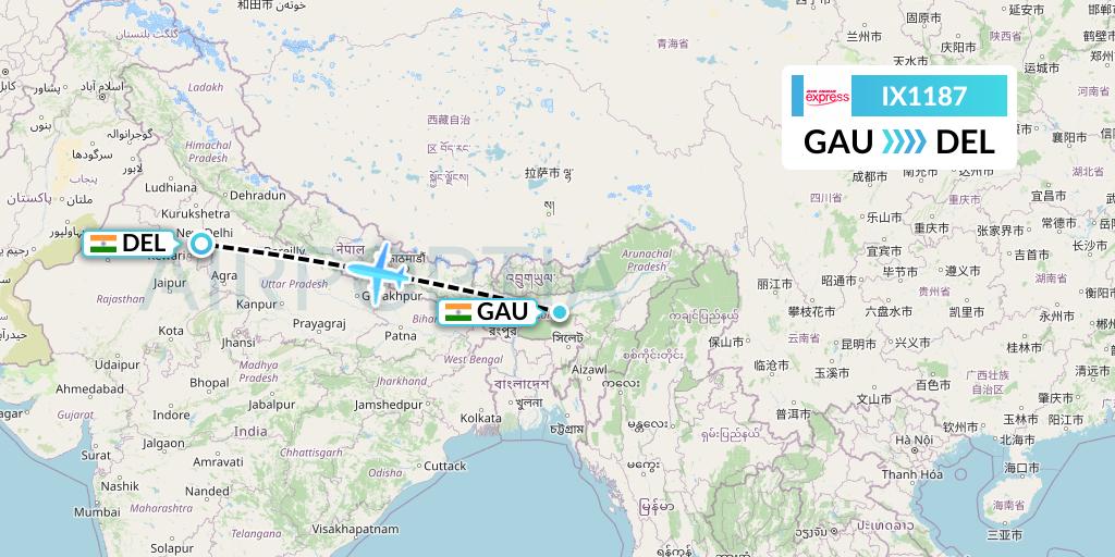 IX1187 Air India Express Flight Map: Guwahati to Delhi