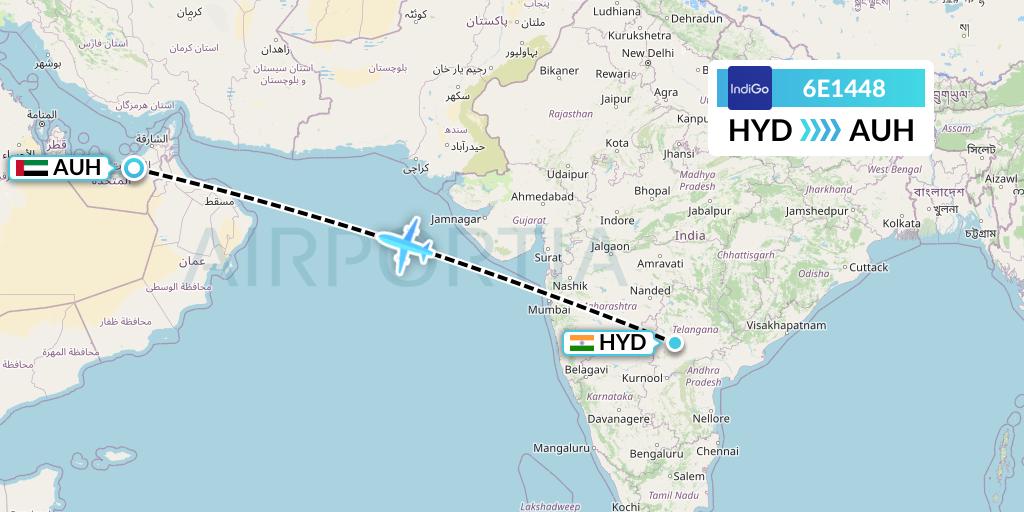 6E1448 IndiGo Airlines Flight Map: Hyderabad to Abu Dhabi