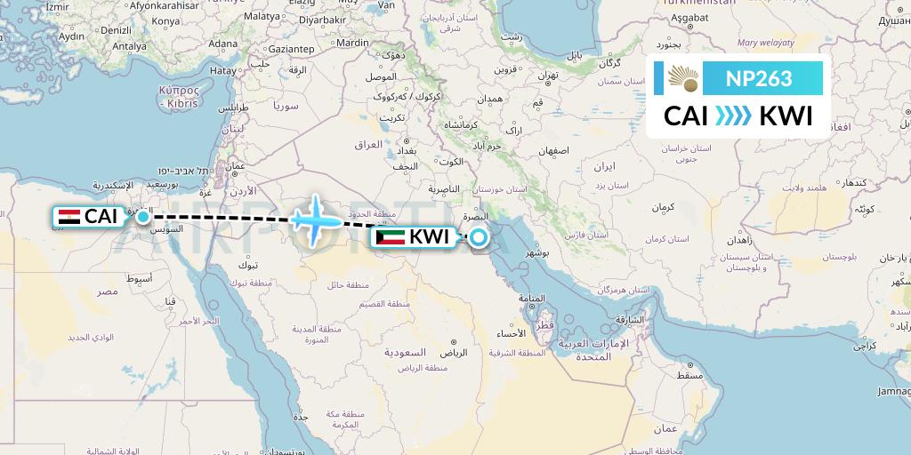 NP263 Nile Air Flight Map: Cairo to Kuwait City