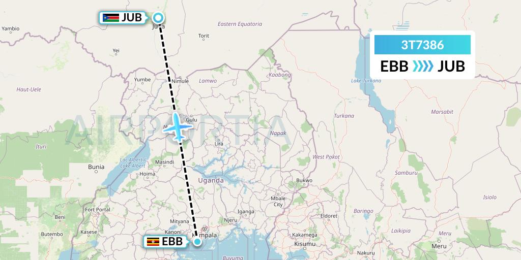 3T7386 Tarco Airlines Flight Map: Entebbe to Juba