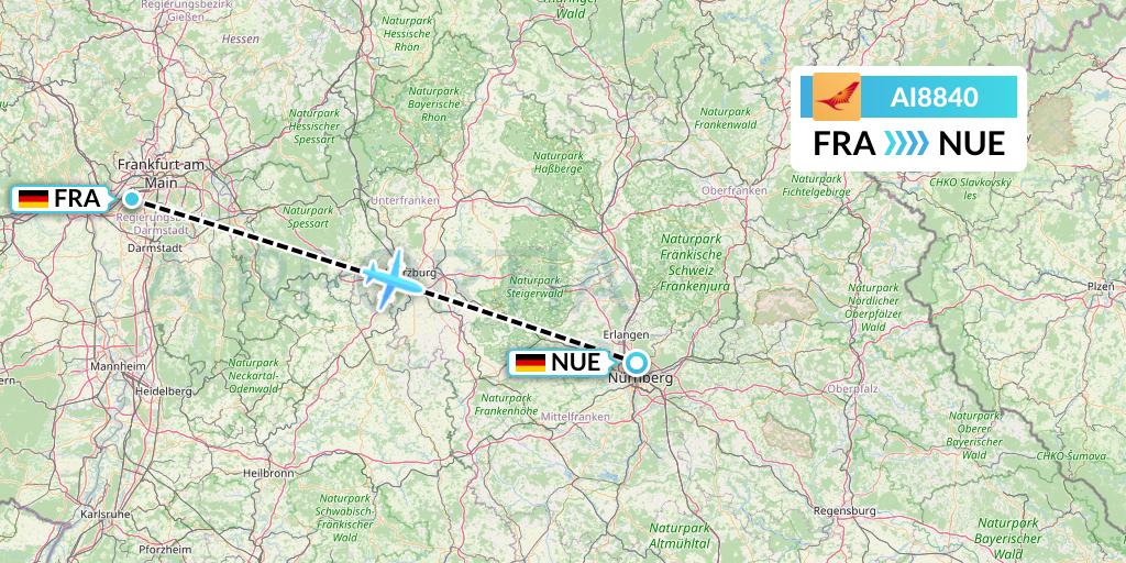 AI8840 Air India Flight Map: Frankfurt to Nurnberg