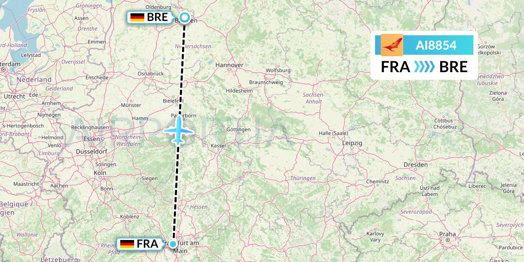 AI8854 Air India Flight Map: Frankfurt to Bremen